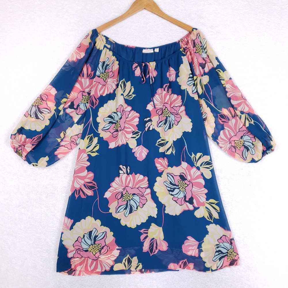 Eva Mendes New York Co Floral Dress Womens M Boho Chiffon Blue Balloon Sleeve